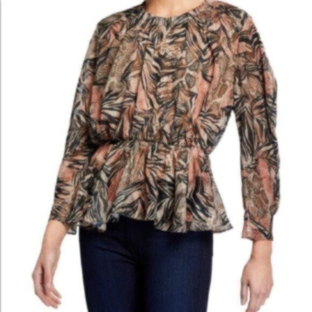 NWT IRO Peach/Black Print Sheer Dressy Blouse 10
